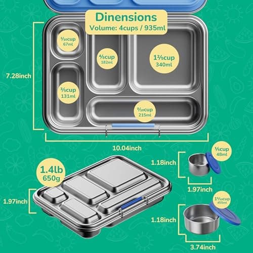 AOHEA Stainless Steel Bento Box Kids, Kids Metal Bento Lunch Box BPA Free Lunch Box Containers 304 Stainless Steel Bento Box for School and Office(Green) 4
