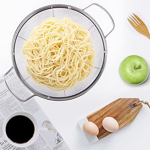 3 Pack 18/8 Stainless Steel Colander Sieves(5-Quart, 4-Quart and 3-Quart), Mesh Strainer Net Baskets with Handles & Resting Base for Strain, Drain, Rinse or Steam 7