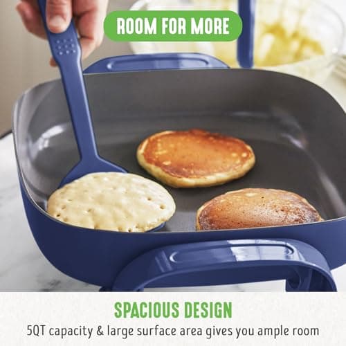 GreenLife 12" 5QT Square Electric Skillet, Glass Vented Lid, Ceramic PFAS-Free Nonstick Coated Interior, Adjustable Temperature Control, Cool Touch Handles, Quick Even Heating, Scratch Resistant, Blue 5