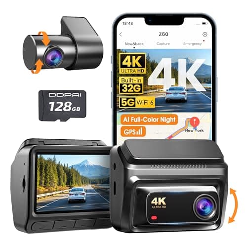 DDPAI 4K Dash Cam Front and Rear, Built-in 32G eMMC Dual Dash Camera for Cars, 128GB Card Included Dashcam,GPS, Night Vision,5G WiFi, 7-Days Parking Mode, 3" IPS, ADAS, WDR, Support 512GB, Z60