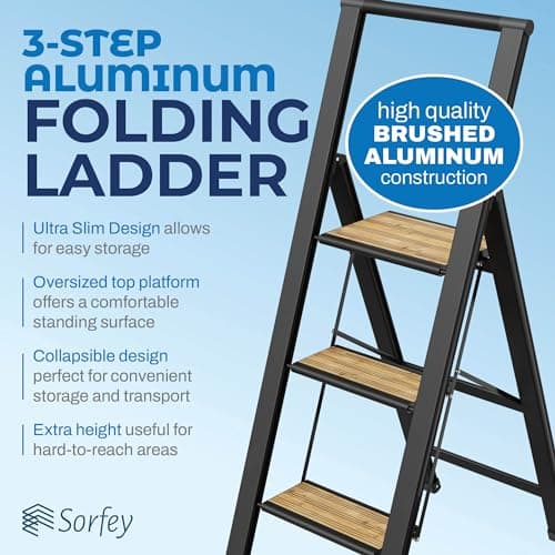 Step Ladder 3 Step Folding, Decorative - Beautiful Bamboo & Black Aluminum, Ultra Slim Profile, Anti Slip Steps, Sturdy-Portable for Home, Office, Kitchen, Photography Use,by SORFEY 3