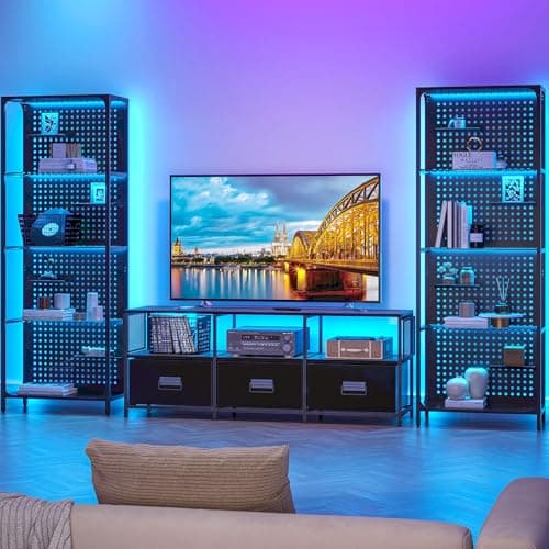 Saudism Glass Display Shelf for Collectibles, LED Black Shelf, Curio Cabinet, Lighted Tall Narrow Shelf with Pegboard Steel Frame for Gaming Room, Floor Lamp with Shelves, Living Room, Bedroom, Large 6