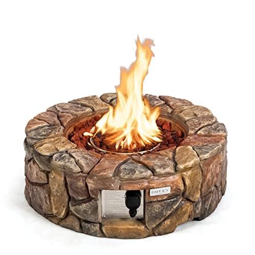 Tangkula 28 Inch Round Propane Gas Fire Pit, Patiojoy 40,000 BTU Stone Look Outdoor Propane Fire Pit with Lava Rocks & PVC Cover, Faux Stone Gas Fire Pit Table for Patio, Courtyard, Garden (Brown)