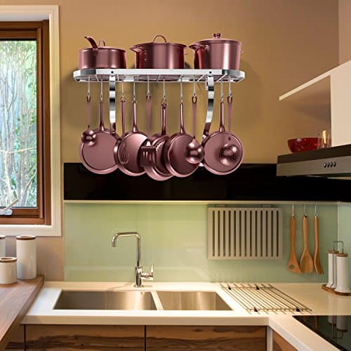 Vdomus Hanging Pot Rack Organizer, Wall Mounted Kitchen Pan Organizer Pots and Pan Storage with 10 hooks, Kitchen cookware Storage Organizer, 24 by 10-inch (sliver) 6