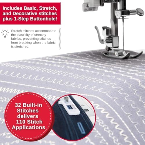 SINGER Heavy Duty Holiday Bundle – 4452 Sewing Machine with Extension Table & 2 Presser Feet | Strong Motor, 110 Stitch Applications, Full Metal Frame, 1-Step Buttonhole & LED Light 6
