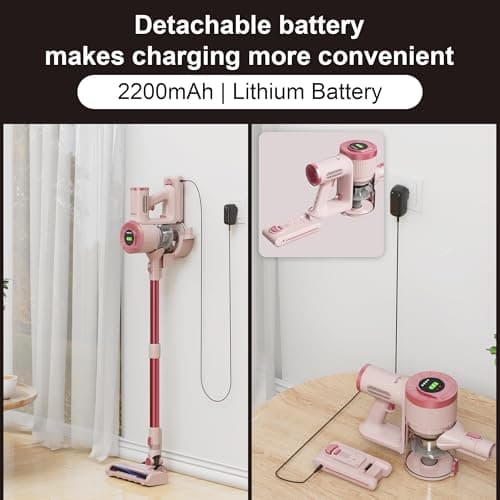 BUTY BULU Cordless Stick Vacuum Cleaner, 30KPa Handheld Rechargeable Battery Lightweight Small Pink Vac Electirc Broom, 40Mins Runtime for Home Hard Floor Carpet Pet Hair Cleaning, LED Screen 5