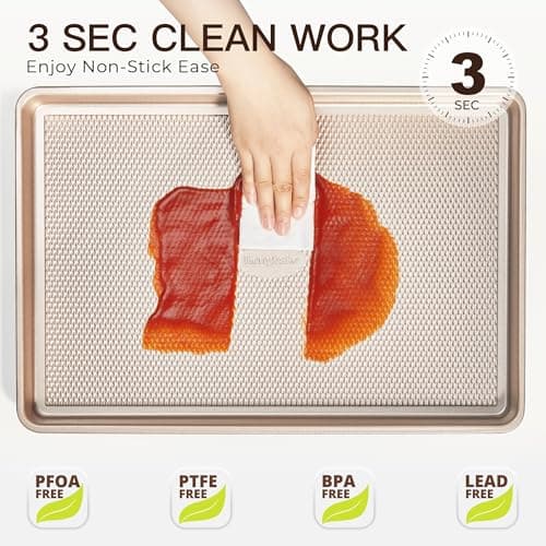 HONGBAKE Baking Sheet Pan Set of 3, Cookie Sheets for Oven, Nonstick Half/Quarter/Jelly Roll Pans with Diamond Texture Pattern, 0.8mm Thick Heavy Duty Cookie Tray, Champagne Gold 7