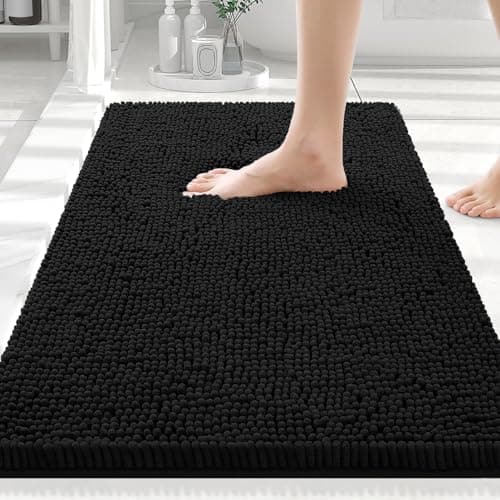 Smiry Luxury Chenille Bathroom Rugs 30x20, Extra Soft and Absorbent Shaggy Bath Mat, Machine Washable, Non-Slip Plush Carpet Runner for Tub, Shower, and Floor, Home Decor Accessories, Black
