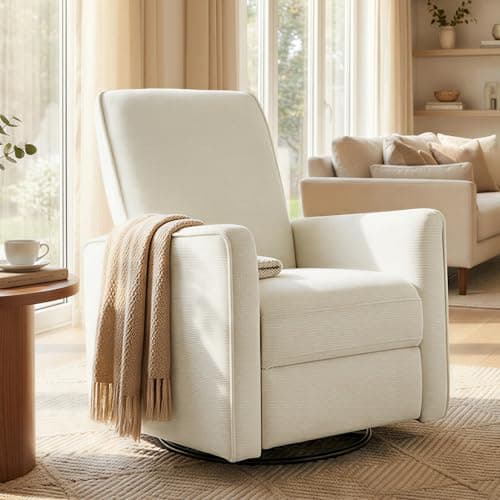 KISLOT Swivel Rocker Recliner Chair, Nursery Glider Recliner Manual Rocking Comfy Upholstered Fabric Reclining Single Sofa for Nursery Bedroom Living Room