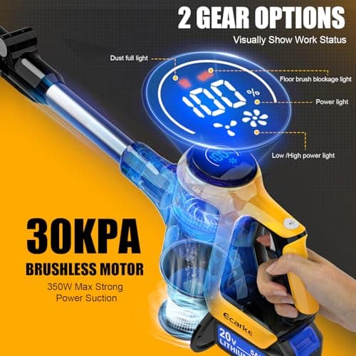 Ecarke Cordless Stick Vacuum Cleaner Compatible with DeWalt Battery, 350W Brushless Motor, 30KPa Suction, 6-in-1 180° Bendable Wand, Smart Screen 2x5AH Batteries & Charger – Hardwood Floors 2