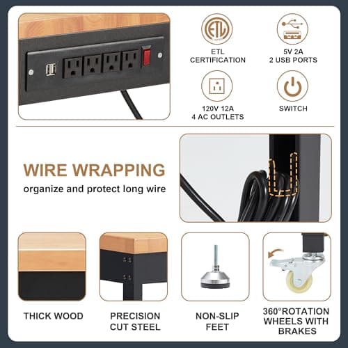 HABUTWAY Height Adjustable Workbench with Wheels 48" x 24" 2000 Lbs Capacity Solid Wood Work Station Heavy-Duty Rolling Work Tables for Garage Party Shop Office 6