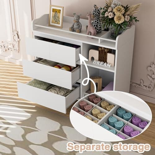 HPWLYO Nursery Dresser with Changing Table Top, Tall Changing Table Dresser for Bedroom, Wooden Baby Dressers & Chests of Drawers, 4 Drawers with 2 Open Shelves White 6