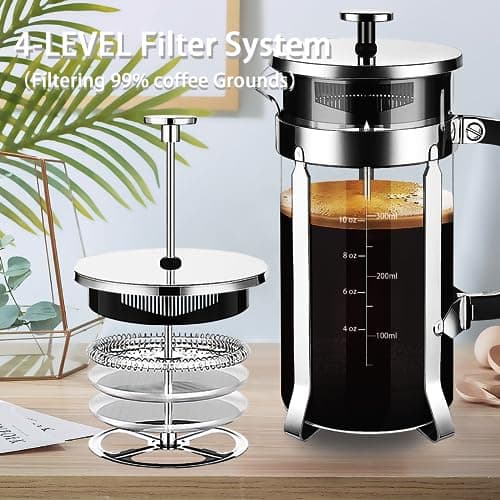 YMMIND French Press Coffee Maker 304 Stainless Steel Coffee Press,with 4 Filters System, Heat Resistant Thickness Borosilicate French Press Glass, BPA-Free Brewed Tea Pot Coffee Plunger(Copper 12oz) 7