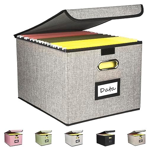 Desihum Collapsible File Organizer Box, filing Storage boxes for hanging files with lid, Linen Portable file folder box with handle, Decorative Document Storage Bins for Office/Home/School (Grey)