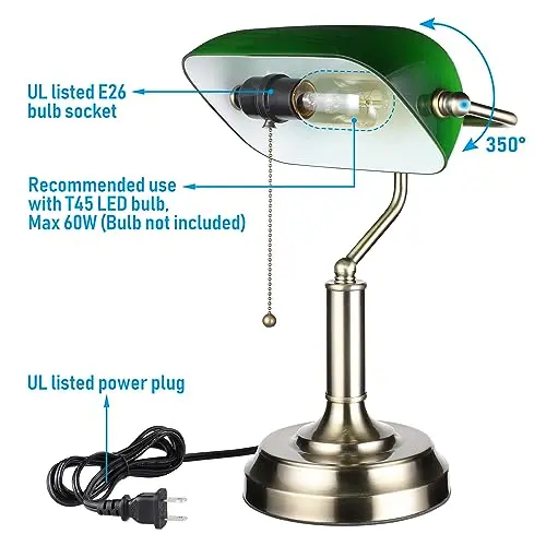 TORCHSTAR Green Glass Bankers Desk Lamp, Antique Desk Lamps with Brass Base, Traditional Library Lamp with Pull Chain, E26 Base, Vintage Desk Lamp for Office, Study Room 6