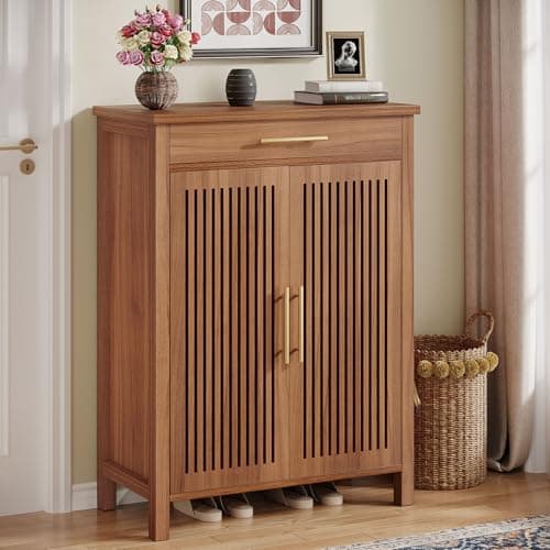 Tribesigns Shoe Cabinet, 5-Tier Shoe Storage Cabinet with Louvered Doors and Drawer, Freestanding Wooden Shoe Rack Organizer with Adjustable Shelves for Entryway, Hallway, Closet, Brown