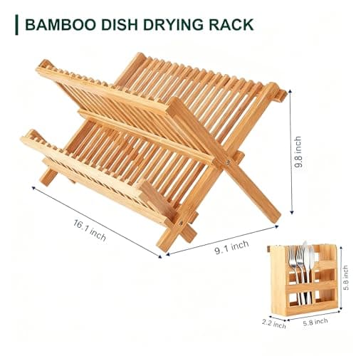 QUEENKAY Dish Drying Rack Collapsible 2-Tier Bamboo Dish Rack for Kitchen Counter Wooden Dish Drainer with Foldable Space-Saving Design for Dishes, Plates, and Cups 5
