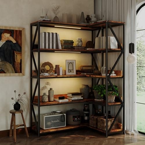 Corner Bookshelf with Light, Indoor Plant Bookcase with Grow Light L Shaped 5 Tier Tall Corner Shelf LED Display Shelves, Vintage Industrial Rotating Bookshelves Metal and Wood Book Shelf