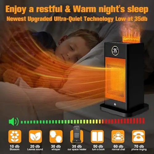 Space Heaters for Indoor Use,1500W PTC 2s Fast Heating Space Heater Large Room with Sensor Humidifier 3D Flame Effect Oscillating,Heater for Bedroom,Office,Dark Black 6
