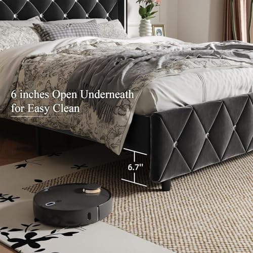HOMBCK King Size Bed Frame Black, Velvet Upholstered Bed Frame King with Diamonds Tufted Headboard and Footboard, Wooden Slats Support, No Box Spring Needed, Easy Assembly, Black 5