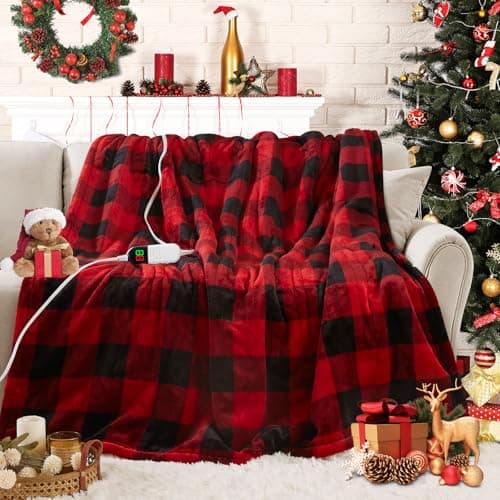 Electric Heated Sherpa Buffalo Plaid Christmas Throw Blanket with 8 Heating Levels & 8 Hours Auto Off, Fast Heating Warm Plush Washable Blanket with Over-Heat Protection, ETL Certification, Red 8