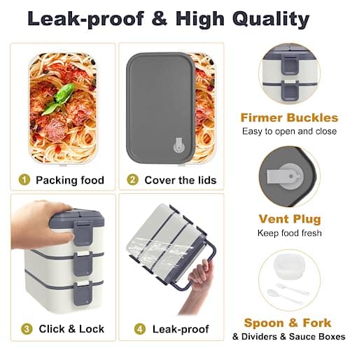 Kenuket Stackable Bento Box Adult Lunch Box, 3000ML Large Capacity On-the-Go 3 Layers, Leakproof Microwave Safe Lunch Containers with Utensil Set, Dividers, Sauce Boxes for Kids and Adults 5