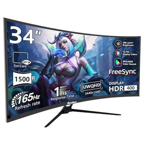 Sealan 34 inch Curved Ultrawide Gaming Monitor UWQHD 3440 x 1440,165Hz Curved 1500R - PIP/PBP, 1ms(MPRT), FreeSync,HDR, 300nits, sRGB 99%, DCI-P3 95%,FreeSync,HDMI2.0 x2,DP1.4 x2,VESA（75 * 75mm）