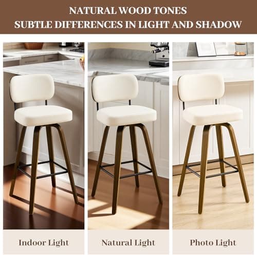 Bekrvio Swivel Counter Height Bar Stools Set of 4, 26" Upholstered Faux Leather Barstools with Back and Bent Wood Legs, Mid Century Modern Bar Chair Island Stool for Kitchen Counter, Cream White 5