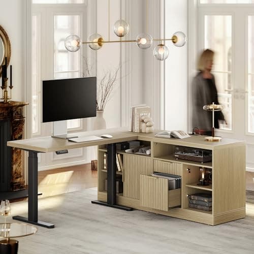 Perledesign Height Adjustable Electric Standing Desk, 67 x 24 Inches Sit Stand up Desk with 2 File Cabinets, AC/USB, 1.18" Desktop, L Shaped Fluted Computer Desk for Home and Office, Light Walnut