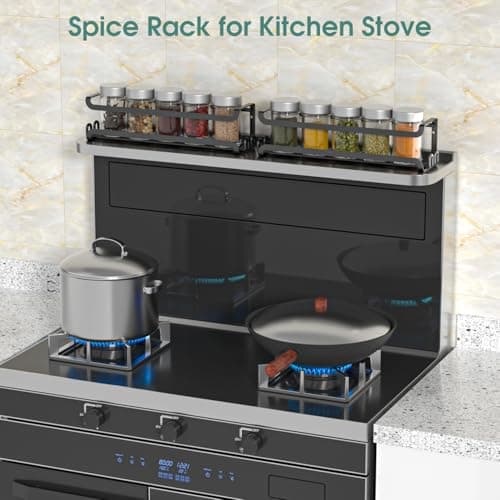 LUCYCAZ 2 Pack Wall Mounted Spice Rack with 8 Hooks, Spice Organizer Shelf for Stove Cabinet Pantry Door,Screw or Adhesive Spice Shelf Hanging Wall Spice Rack in Kitchen and RV (Black, 2 PACK) 9