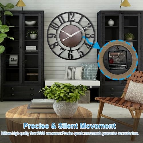 Alarllok Large Wall Clock for Living Room Decor - 24 Inch Metal Big Wall Clocks Rustic Decorative for Kitchen,Fireplace,Farmhouse (Black) 5