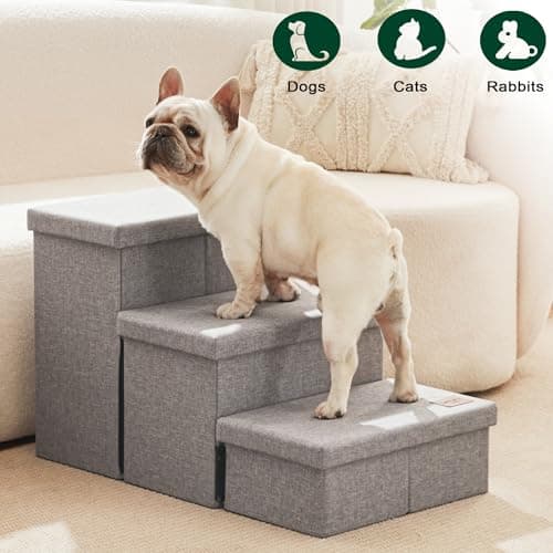 Love's cabin Dog Stairs for High Bed 18" H, Foldable Pet Stairs for Small Medium or Large Dogs Puppy with Storage for Bed or Couch, Cat Dog Steps Ramp with Zip up to 200 lbs, Solid Grey, 3 Steps 7