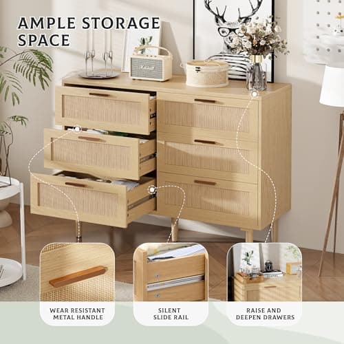 INTERGREAT Sideboard Buffet Storage with 6 Drawers，Rattan Storage Chest for Bedroom, Boho Buffet Cabinet with Golden Handle and Wood Legs for Bedroom, Hallway, Natural 5