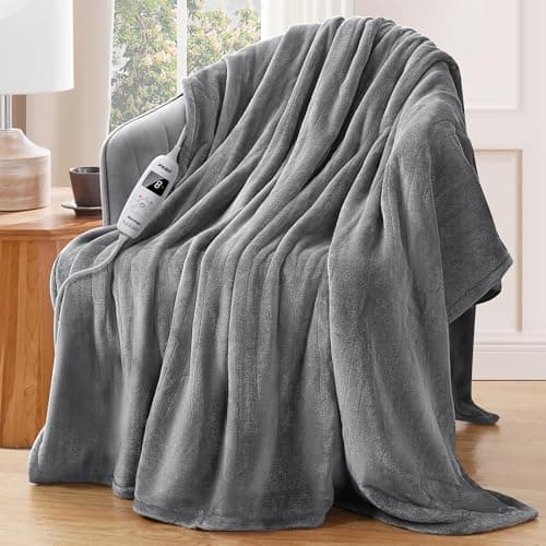 PKBD 72"×84" Heated Blanket Electric Throw,10 Fast Heating Levels&8h Auto Off&Overheat Protection, Machine Washable ETL Two-Sided Flannel Electric Blanket Throw, Light Grey