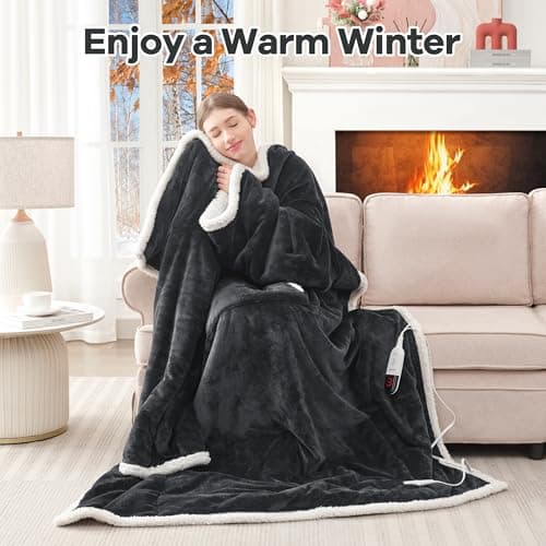 Heated Blanket Wearable Electric Blanket with Foot Pocket and Sleeves, Heating Throw Blanket, Electric Snuggle Blankets, 6 Heating Levels Setting & 4 Hours Auto Shut Off, Machine Washable (Long, Grey) 5