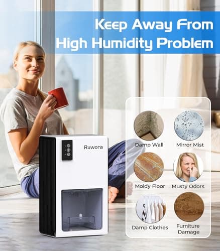Dehumidifiers for Home, Dehumidifier for Room 9300 Cubic Feet (950 sq ft) with Auto Shut Off, RUWORA Small Dehumidifiers with 7 Colors LED Light & 85 OZ Water Tank for Bathroom Bedroom Closet 5