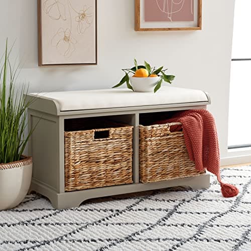 SAFAVIEH Home Collection – Freddy Vintage Grey Storage Bench with Wicker Baskets & Cushion, Entryway Seating Bench, Fully Assembled (AMH5736F) 10
