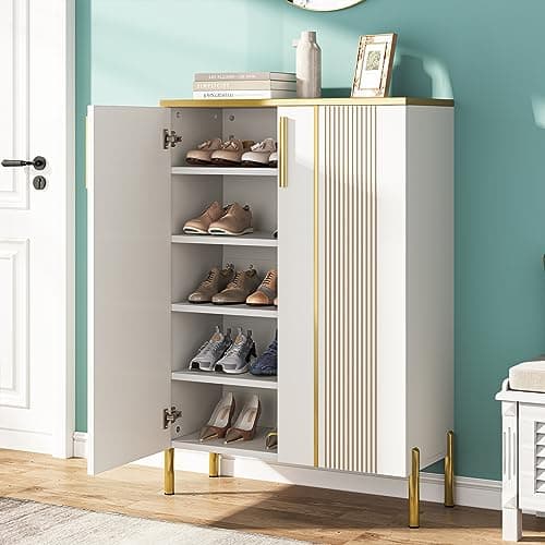 Tribesigns Shoe Cabinet with Doors, 6-Tier Shoe Storage Cabinet with Adjustable Shelves, Shoes Rack Shoe Storage Organizer for Entryway, Hallway, Closet, Living Room, White and Gold