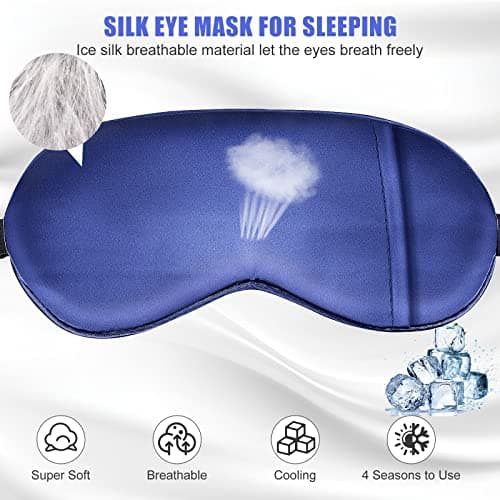 Cavoilu Cooling Sleep Mask w/Gel Eye Mask, Silk Eye Mask for Sleeping, Heated Eye Masks, Blindfold Eye Cover Sleeping Mask for Home Office Travel, Gifts for Men Women, Stocking Stuffers (Blue) 2