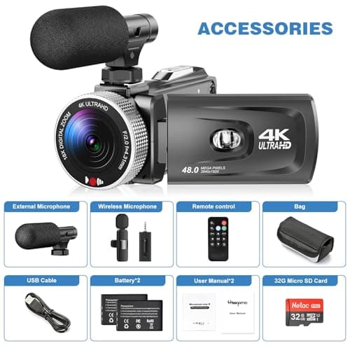 4K Video Camera Camcorder - 48MP 30FPS with Wireless Lavalier Mic & External Mic | 3" Ultra HD Screen, 18X Digital Zoom | Vlogging/YouTube Recorder + 32GB SD Card Included 8