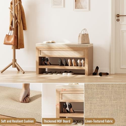 astimey 32” Shoe Bench with Storage Drawer, Farmhouse Entryway Bench with Linen Seat Cushion, Wooden Shoe Rack with Shelf for Entryway Hallway Living Room Bedroom, Oak 5