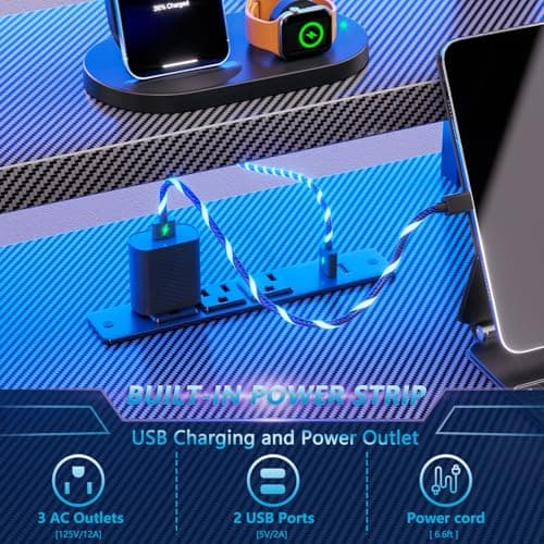 Korfile 39 Inch Gaming Desk with LED Lights & Power Outlet, Small Gaming Computer Desk with Storage Shelves, L Shaped Gamer Workstations with Monitor Stand for Bedroom, Carbon Fiber Black 5