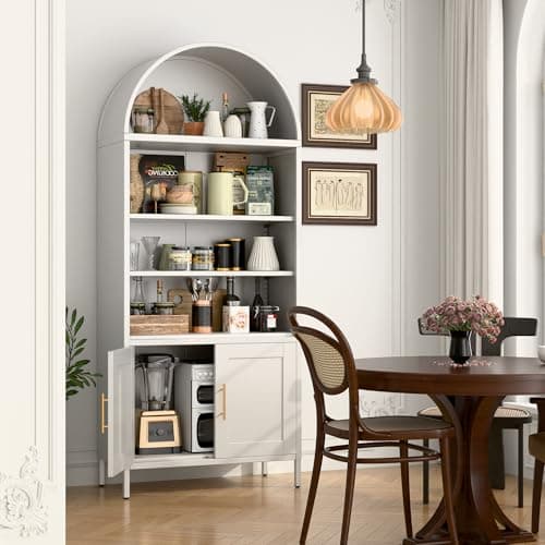 VEXPOR 73" Tall Metal Arched Bookcase with Doors, 5-Tier Arched Bookshelf with 2 Adjustable Shelves for Living Room, Home Office, Assembly Required, White, 15.35" D x 30.71" W x 72.83" H 8