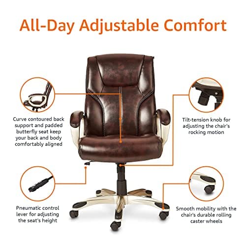 Amazon Basics Executive High Back Office Chair, Adjustable Height, Tilt, Swivel, Padded Armrests, Brown/Gold 5