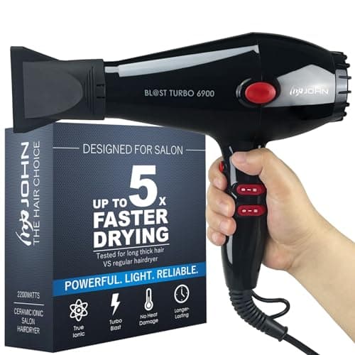 JOHN Professional Hair Blow Dryer, Fast Drying Powerful 2200W, Ionic for No Damage to Hair, Blast Turbo 6900, Black