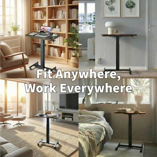 HUANUO Small Rolling Laptop Standing Desk, Height Adjustable Mobile T-Base Desk with Lockable Casters, Portable Sit-Stand Workstation for Bedside & Sofa, Walnut 7