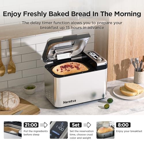 Neretva Bread Maker, 3.3LB Larger Bread Machine 15-in-1 Stainless Steel & Nonstick Ceramic Pan & Auto Nut Dispenser Breadmaker Machines Full Touch Panel with Gluten Free White Wheat Rye French Pizza 5