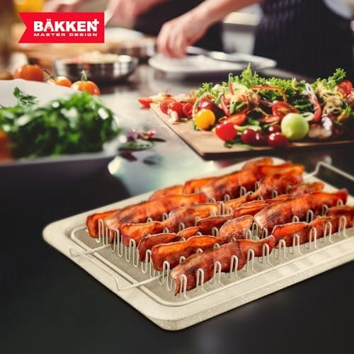 Bacon Tray - 2-Piece Set – Marble Coating - Durable, Non-Stick Cooking Tray for Bacon – White Stone Tray and Carbon Steel Rack 8