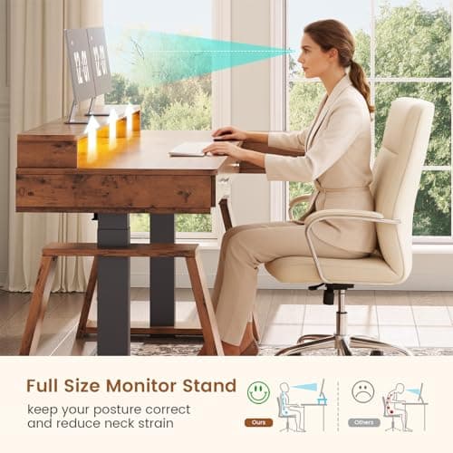 SEDETA 59 Inch L Shaped Electric Standing Desk with Drawers, Executive Adjustable Desk with Power Outlets, Monitor Stand, Sit Stand Computer Table for Home Office, Brown 5