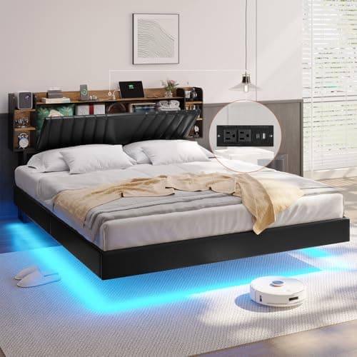 DICTAC California King Size Floating Bed Frame with Hidden Storage Headboard,Led Lights and Charging Station Cal King Size Visual Floating Platform Bed Frame with Bookcase Storage,Black+Rustic